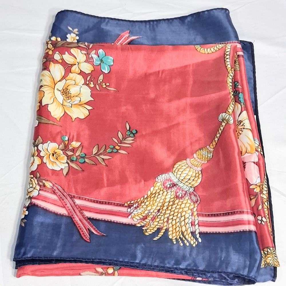 36" X 36" Red and Blue Bohemian Carefree Tassels and Floral Poly. Scarf
